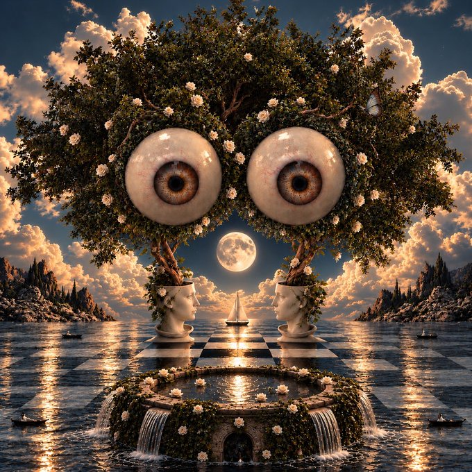A surreal digital artwork featuring a tree with two enormous eyes as its foliage, a full moon between two marble heads, a sailboat, and a flower-covered fountain on a chessboard-patterned water surface.