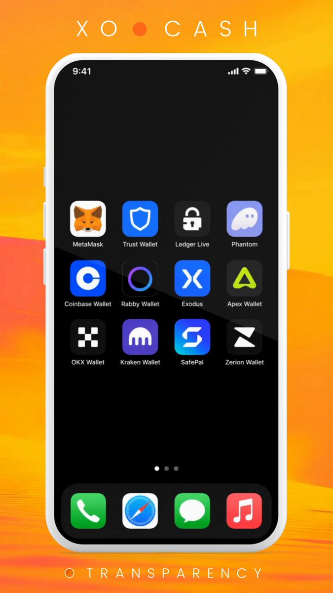 The image features a cell phone with an app store home screen, displaying various apps including one for Bitcoin Cash. The background of the image is orange, which contrasts with the black screen of the phone. The text "XO-CASH" can be seen in the top left corner and "0-TRANSPARENCY" at the bottom right corner.