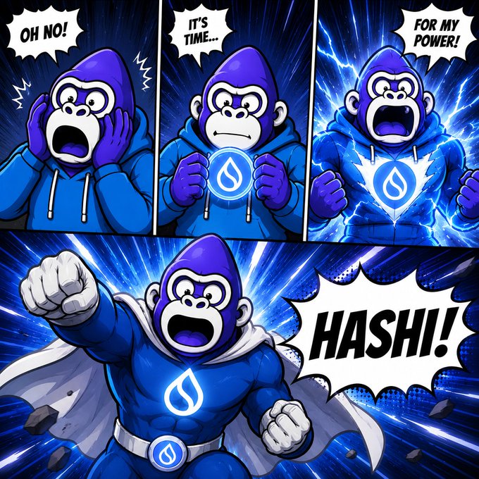 Comic book style illustration featuring a purple gorilla character in a blue hoodie across four panels, with dialogue 'OH NO!', 'IT'S TIME...', 'FOR MY POWER!', and 'HASHI!' as the character transforms with lightning effects.