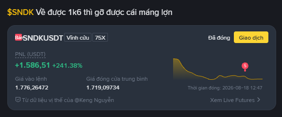 A Vietnamese-language crypto trading screenshot showing $NDK (SNDKUSDT) perpetual futures with a PNL of +1,586.51 (+241.38%), last price 1.776.26472, average price 1.719.09734, and 75X leverage, dated 2026-08-18.