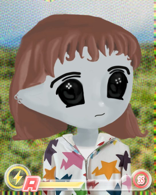 This image shows a Milady Maker NFT character featuring a chibi-style figure with pale blue skin, large black anime eyes, brown hair, and a small nose ring, wearing a colorful star-patterned hoodie. UI elements include a red "A" rating and "55" stat at the bottom, relating to the post's announcement of Milady #6438 selling for Ξ2.73 ($5,231).