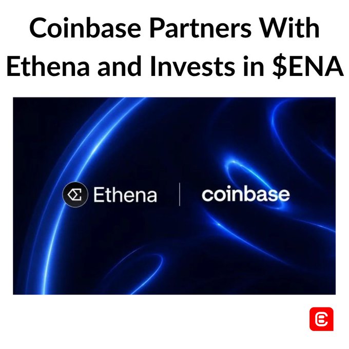 The image features a logo for Coinbase, which is a cryptocurrency exchange platform. The logo includes two logos - one of Ethena, a company that focuses on blockchain technology, and another logo representing coinbase, a cryptocurrency exchange platform. The text in the image reads "Coinbase Partners with Ethena and invests $ENA". This suggests that Coinbase has partnered with Ethena to invest in ENA's projects or services related to blockchain technology and cryptocurrency exchanges.