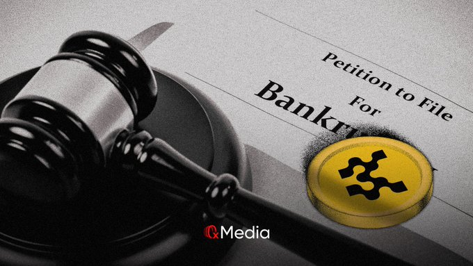 An image showing a gavel resting on a 'Petition to File for Bankruptcy' document with a golden Bitcoin logo overlay, branded with 'Q.Media'.