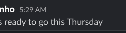 A Discord message from a user (partially visible as ending in "nho") sent at 5:29 AM reads "is ready to go this Thursday," accompanied by a post noting "oh neat, gmijo" suggesting someone spotted or tagged the username gmijo appearing in the screenshot.