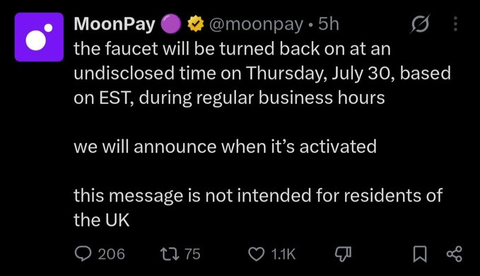 A screenshot of a MoonPay tweet confirming that the faucet will be reactivated at an undisclosed time on Thursday, July 30, during EST business hours, with a note that the offer is not available to UK residents. The accompanying post highlights this as good news for users stuck at X connection level, encouraging them to complete all steps and wait for the faucet to open.