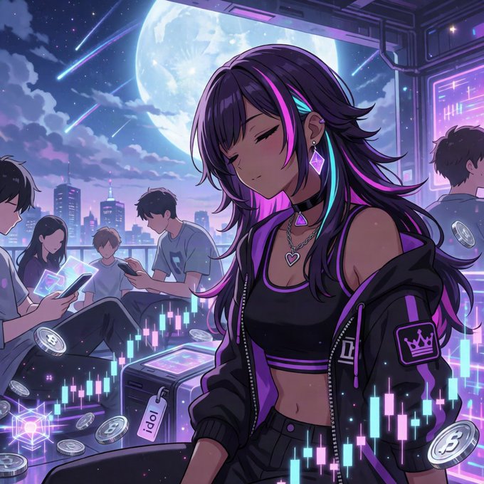An anime-style illustration of a girl with purple and black hair in a cyberpunk setting with a moon and city skyline, surrounded by crypto trading chart candles and Bitcoin coins.