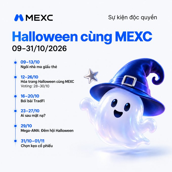 MEXC Halloween promotional graphic in Vietnamese featuring a 3D ghost wearing a witch hat, with event dates 09-31/10/2026 and schedule details including 'Ngôi nhà ma giàu thế', 'Hòa trang Halloween cùng MEXC', 'Bói bài TradFi', 'Ai sau mặt nạ?', 'Mega-AMA: Đêm hội Halloween', and 'Chọn kéo cổ phiếu'.