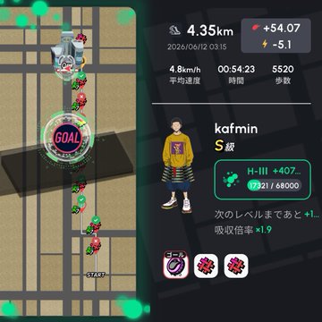 The image shows a map of a city with a person walking along a path, wearing a yellow shirt. The text "KAFMIN" is displayed next to this figure. There are also several other figures scattered throughout the scene, including one that appears to be a robot or machine. The post seems to be about an event in Japan and possibly related to a game or competition involving walking paths.
