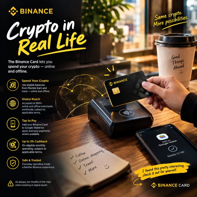 A person taps a Binance Card at a contactless payment terminal while holding a coffee cup, with the promotional graphic highlighting features like "Crypto in Real Life," "Up to 3% Cashback," and "Global Reach." A nearby phone displays a Google Wallet prompt to add the Binance Card, illustrating the post's message about using crypto as everyday spending money rather than just an asset to hold.