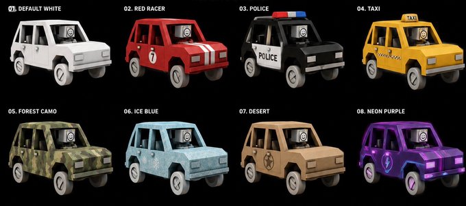 The image features a collection of nine different colored toy cars, each with unique designs and colors. The cars are arranged side by side against a black background, showcasing their vibrant hues. The text "In game items are coming! Let's bring some color to our world." is written above the cars, indicating that these car models will soon be available for purchase in the game.