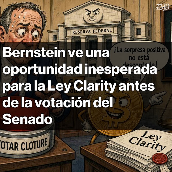 A satirical cartoon about the Clarity Act featuring a sweating man, the Federal Reserve building, a 'VOTAR CLOTURE' button, a 'Ley Clarity' document, and a coin character saying '¡La sorpresa positiva no está descontada!'. Text overlay reads: 'Bernstein ve una oportunidad inesperada para la Ley Clarity antes de la votación del Senado'.