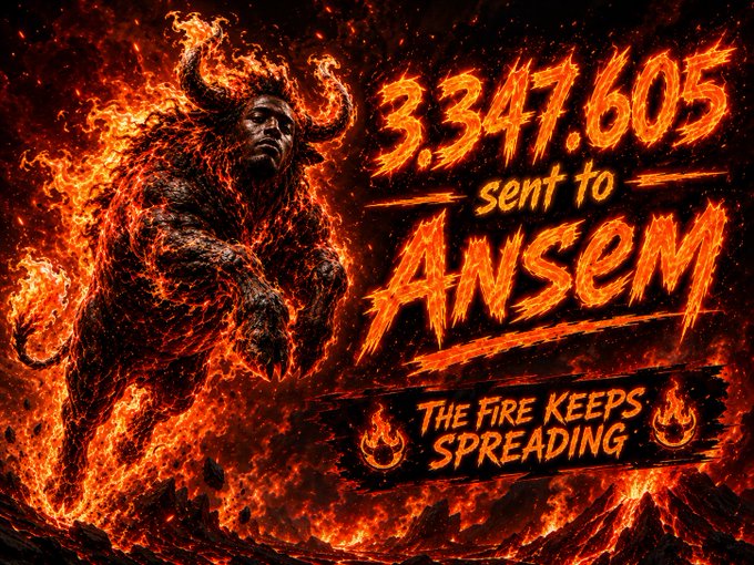 The image features a fiery, horned demonic figure engulfed in flames alongside bold text reading "3,347,605 sent to ANSEM" and "THE FIRE KEEPS SPREADING," visually reinforcing the post's theme of sending token burns to Ansem as part of the $BURNSEM flywheel burn mechanism.