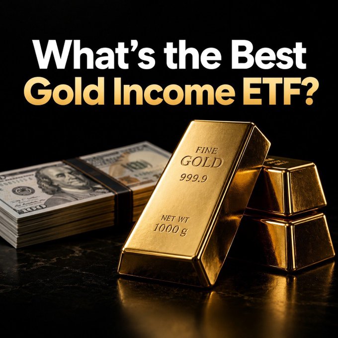 A promotional graphic with the text "What's the Best Gold Income ETF?" displayed above gold bars and stacks of $100 bills.