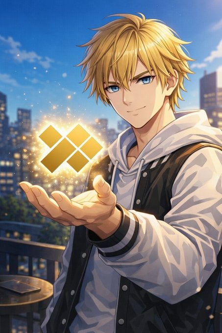 An anime-style blonde male character with blue eyes smiles while holding a glowing golden Binance (BNB) logo in his palm against a city skyline backdrop. The image visually represents the post's theme of $GGBR becoming an integrated part of a broader crypto ecosystem, with the glowing BNB symbol serving as a metaphor for the token's expanding utility across platforms like StakeMyGold, Uniswap, and ApeBond.