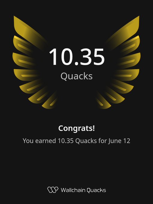 A person has just earned 10.35 Quacks for completing a task or participating in an event, and their achievements have been recognized with a gold square containing a yellow finial design and the text "Congratulations! You earned 10.35 Quacks!". The image is centered on this achievement in the form of a square with a yellow finial at its center. It highlights the accomplishment and encourages others to join or participate in similar activities, using the #wallchainquacks Hashtag as a reference for sharing the post.