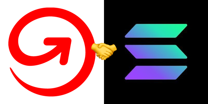 A graphic shows the red Groq logo on the left and a purple-blue Solana logo on the right, connected by a yellow handshake emoji, set against black backgrounds.