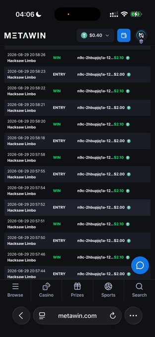 A Metawin gambling app screenshot showing a history of 'Hacksaw Limbo' bets from August 2026, alternating between $2.00 entries and $2.10 wins, with a $0.40 balance displayed.
