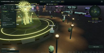 A screenshot of a virtual 3D platform or game environment showing various buildings and structures arranged in a grid, with a glowing green fountain-like object in the foreground and UI elements visible on the screen edges.