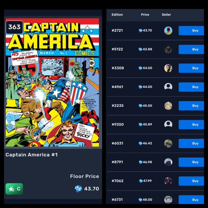 The image shows a VeVe digital collectible marketplace listing for Captain America #1 (Comics edition #363), with the Floor Price at 43.70 gems and multiple sellers offering copies priced between 43.70 and 48.00 gems. This relates to the post speculating that sellers have been exhausted, as the listings show relatively close pricing clustered around the floor price—potentially signaling an upcoming price breakout toward 50 gems and beyond.