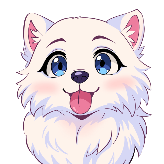 A cute cartoon illustration of a fluffy white dog with large blue eyes and its pink tongue sticking out.
