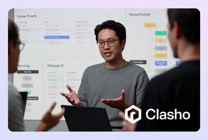 A professional meeting scene featuring an Asian man with glasses speaking and gesturing with his hands, surrounded by other people, with wireframe UI designs on the wall behind him labeled 'Issue Track,' 'Resethoow,' 'Reviving,' and 'Sesearch,' alongside a 'Clasho' logo in the bottom right corner.