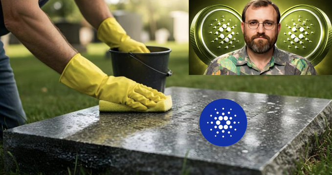 The image features two main elements - a person wearing yellow gloves cleaning a stone or concrete surface, possibly a headstone, with a blue polishing cloth. The background includes a green grassy area and another image of a man's face on a separate photo. The caption below the image reads "CARDANO IS GOING TO DIE And it doesn't have much time left before everything blows up....".