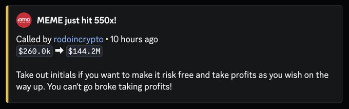 The image shows a CMC (CoinMarketCap) notification announcing "MEME just hit 550x!", called by "rodoincrypto" 10 hours ago, highlighting a price surge from $260.0k to $144.2M. This aligns with the accompanying post celebrating the 550x call on $MEME in the WealthGroup trenches, visually confirming the massive pump referenced in the message.