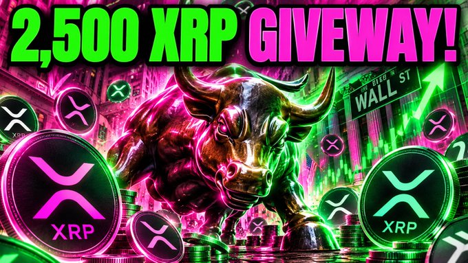 The image is a promotional graphic for a "2,500 XRP GIVEAWAY!" featuring a neon-colored metallic bull surrounded by XRP coin logos, with Wall Street signage and an upward green arrow in the background. It complements the post by visually emphasizing the crypto giveaway contest and creating excitement around XRP's bullish potential.