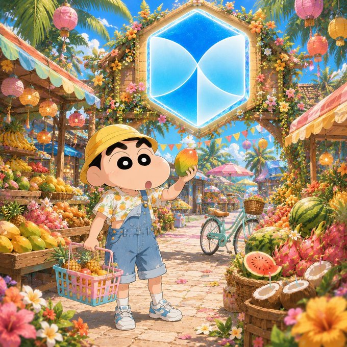 A vibrant anime-style illustration of Shin-chan (Crayon Shin-chan) in a yellow bucket hat holding a mango at a tropical fruit market, with a glowing blue cube logo overhead.