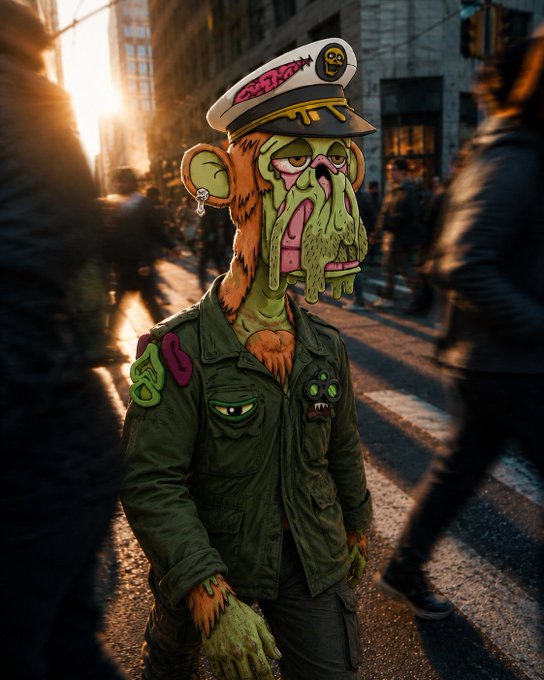 An artistic photo-style image of a person in a detailed zombie monkey costume wearing a military-style cap with a skull emblem and a green jacket, standing on a sunlit city street.