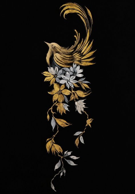 An elegant embroidered artwork on black fabric depicting a stylized golden phoenix-like bird with flowing tail feathers, surrounded by white and gold floral motifs and vines cascading downward.