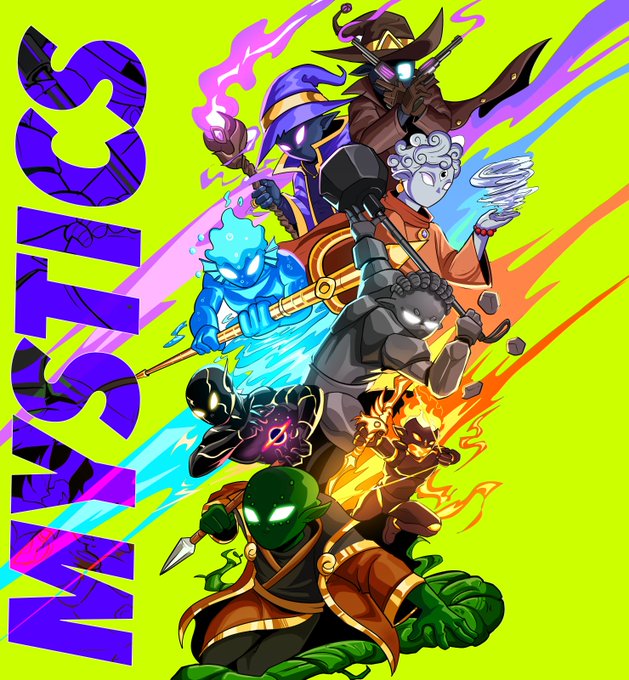 A vibrant green and purple poster reading 'SWAPICS' features a lineup of cartoon fantasy characters including wizards, warriors, and elemental heroes in dynamic poses.