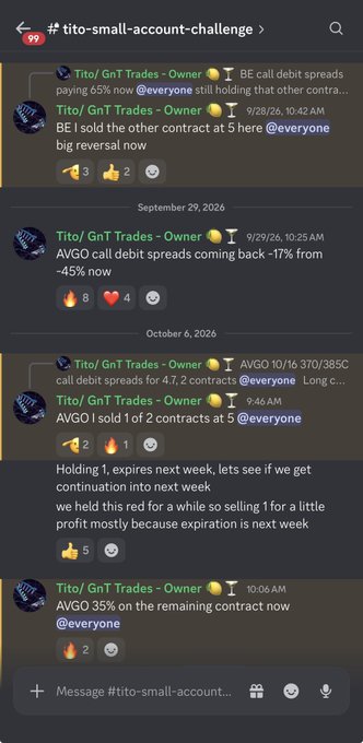 The image displays a Discord channel titled "#tito-small-account-challenge" where "Tito/GnT Trades" shares detailed AVGO call debit spread updates, including entries at 65% payout, exiting contracts at 5, and noting current 35% gains on remaining contracts.

The accompanying text highlights how impressively detailed each trade breakdown is from start to finish, supporting the visual evidence of step-by-step trade tracking in the Discord chat.