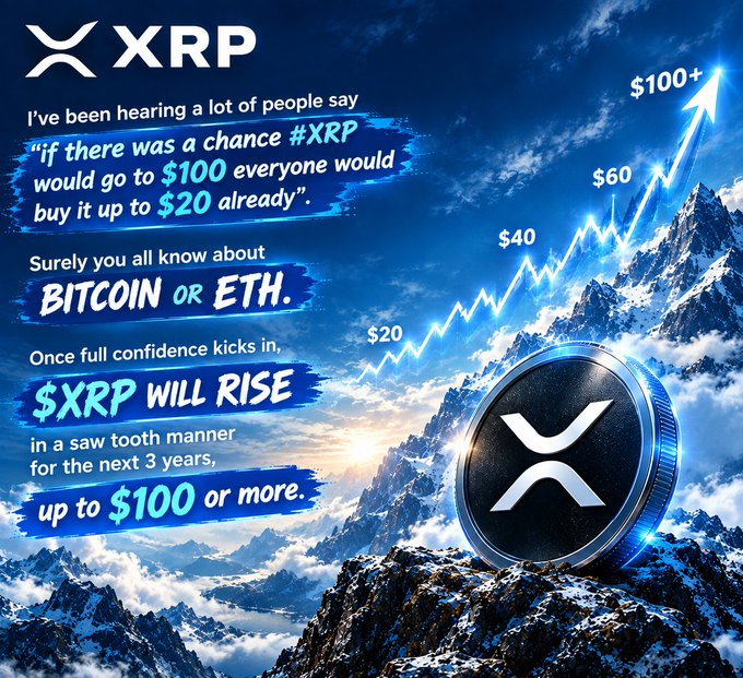 A crypto promotional graphic featuring the 'XRP' logo and text claiming '$XRP WILL RISE... up to $100 or more' with an upward-trending price chart graphic.