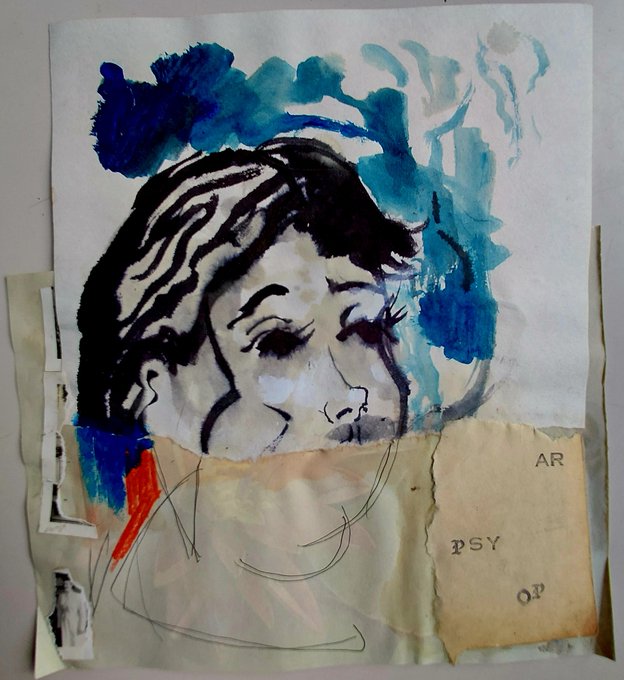 A mixed-media portrait painting of a woman features blue watercolor washes in the background, black ink facial details, and collaged paper fragments with partially visible letters like 'AR' and 'PSY'.