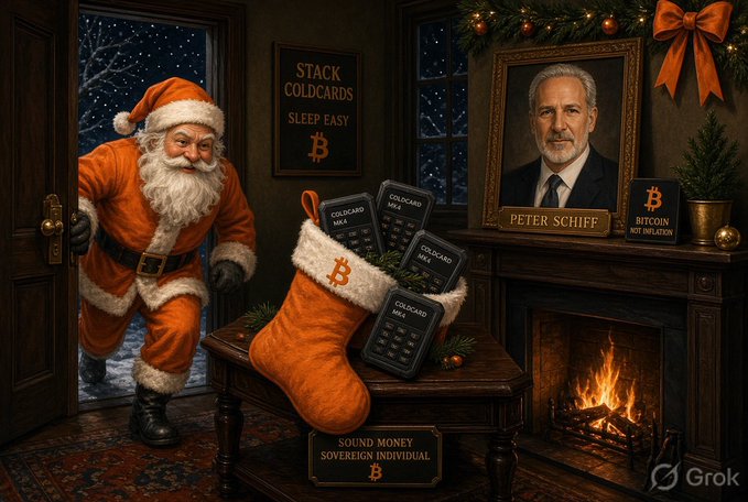 Santa Claus sneaks into Peter Schiff's home on Christmas night, leaving an orange stocking stuffed with Coldcard Max devices beside his portrait, above a "SOUND MONEY SOVEREIGN INDIVIDUAL" sign. The Bitcoin-themed gifts playfully mock Schiff's well-known criticism of cryptocurrency, with a framed "STACK COLDCARDS SLEEP EASY" sign reinforcing the holiday trolling.