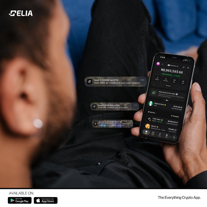 A man reclines while holding a smartphone displaying the CELIA crypto trading app, showing a portfolio balance of ₦8,965,593.66 with transaction notifications for USDC, SOL, and USDC trades floating beside the screen. The "Everything Crypto App" tagline and Google Play/App Store availability reinforce the post's message about Celia's all-in-one platform for buying, selling, and managing crypto.