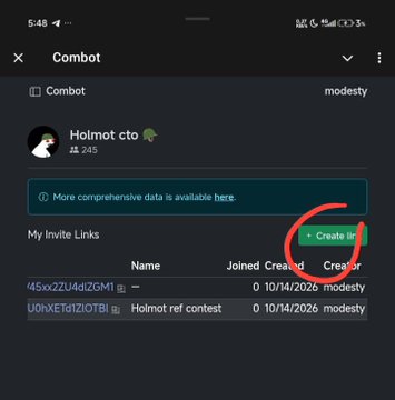 A mobile app screenshot of a 'Combot' profile for 'Holmot cto' showing 'My Invite Links' with two entries and a green '+ Create link' button circled in red.