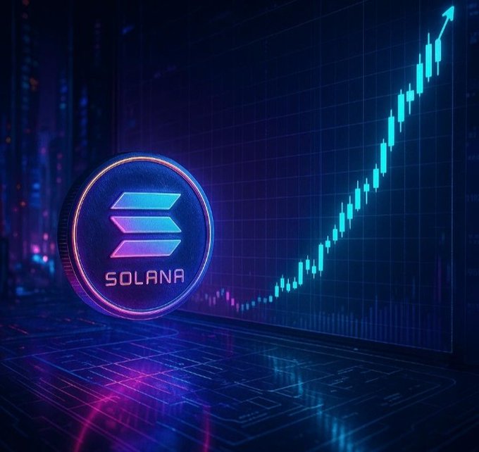 A digital illustration showing the Solana cryptocurrency logo in the foreground with a rising candlestick chart trending upward in the background against a dark blue grid.