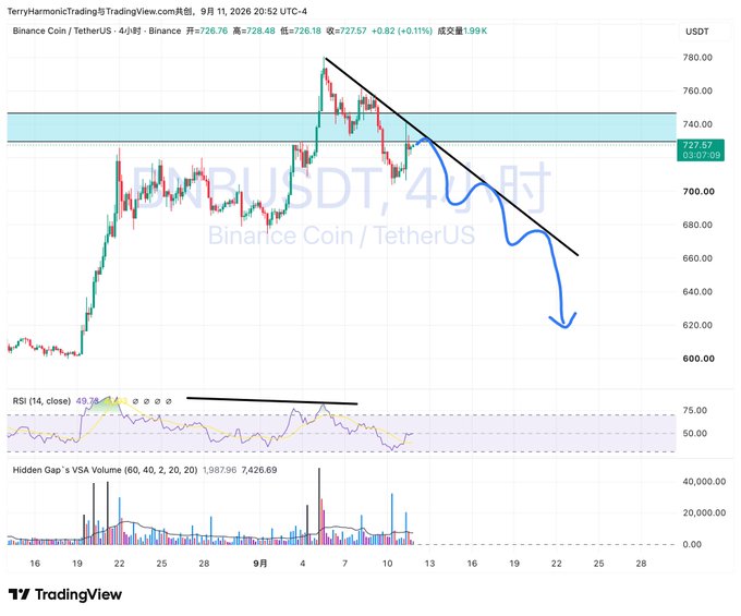 A TradingView chart for 'Binance Coin / TetherUS' (BNBUSDT, 4-hour timeframe) shows a downward trend indicated by a drawn black trendline and a blue arrow.