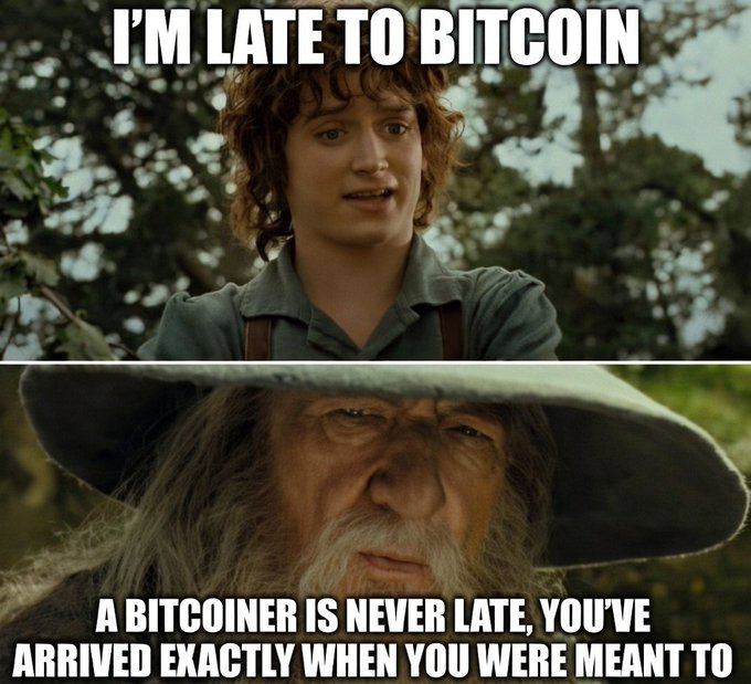 The image is a two-panel meme from *The Lord of the Rings* featuring Frodo (top) declaring "I'M LATE TO BITCOIN," while Gandalf (bottom) reassuringly responds, "A BITCOINER IS NEVER LATE, YOU'VE ARRIVED EXACTLY WHEN YOU WERE MEANT TO." It humorously reinforces the post's message that it's never too late to get involved with Bitcoin, using Gandalf's wise encouragement to newcomers.