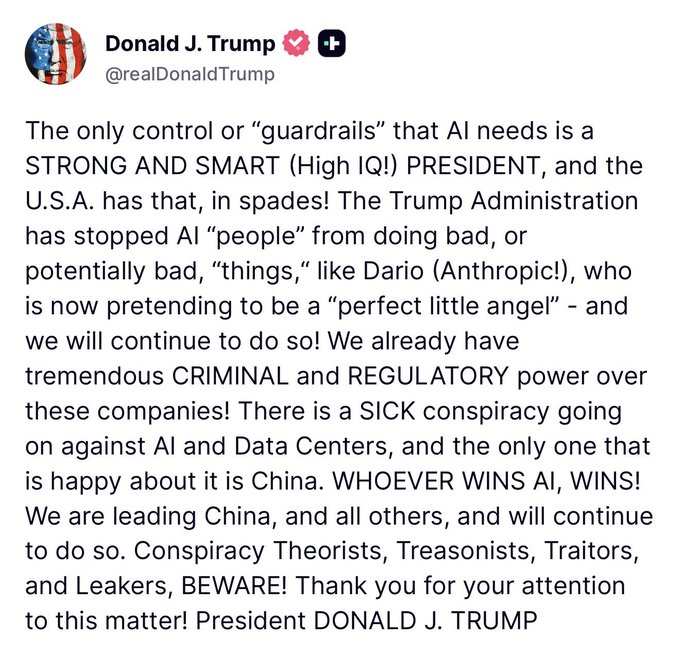 A screenshot of a Truth Social post by Donald J. Trump (@realDonaldTrump) discussing AI guardrails, mentioning 'Dario (Anthropic!)', and claiming the U.S. is leading in AI competition with China.