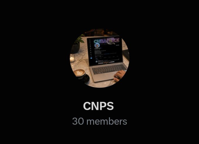 A screenshot showing a circular profile image of a laptop displaying the Shellcoin website, with the text 'CNPS' and '30 members' below it.