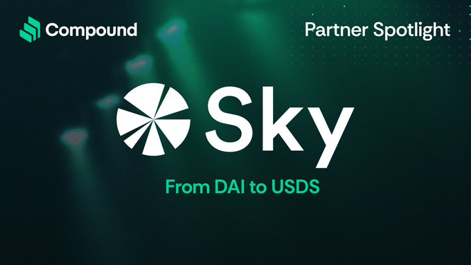 A Compound Partner Spotlight graphic featuring the Sky logo, with the tagline "From DAI to USDS," highlighting the ongoing collaboration between the two OG DeFi protocols as referenced in the accompanying post about Compound's appreciation for their partnership with Sky Ecosystem.