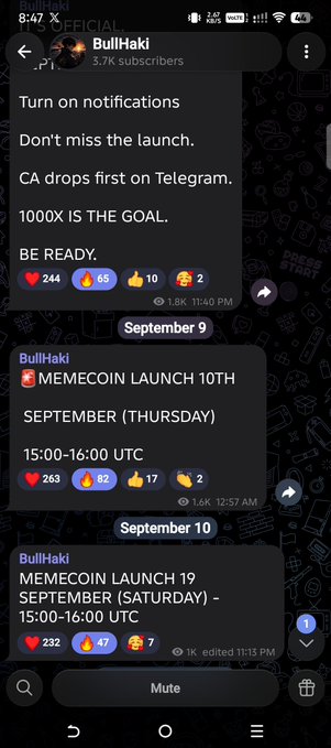 Telegram chat screenshot from the channel 'BullHaki' (3.7K subscribers) announcing a memecoin launch on September 10th (Thursday) at 15:00-16:00 UTC, urging viewers to be ready for 1000X.