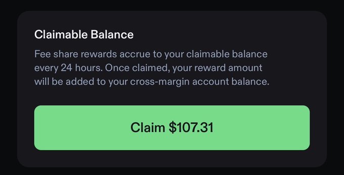 A 'Claimable Balance' interface shows a green button to 'Claim $107.31', with text explaining that fee share rewards accrue every 24 hours to a cross-margin account.