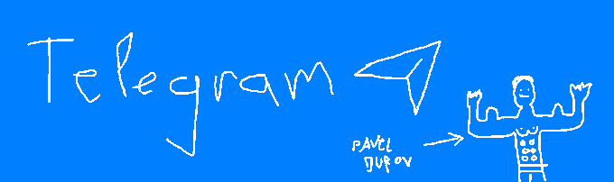A blue Telegram banner with hand-drawn white text 'Telegram' and a paper airplane icon, alongside a doodle of a figure pointing to the name 'Pavel Durov'.