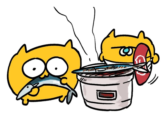 Two yellow cat characters are depicted cooking fish over a steaming pot, with one holding a red fish on a plate, visually representing the user's anticipation of "Bikutaro" confirming a partnership with the token, blending the Japanese manga aesthetic with the cat coin theme.