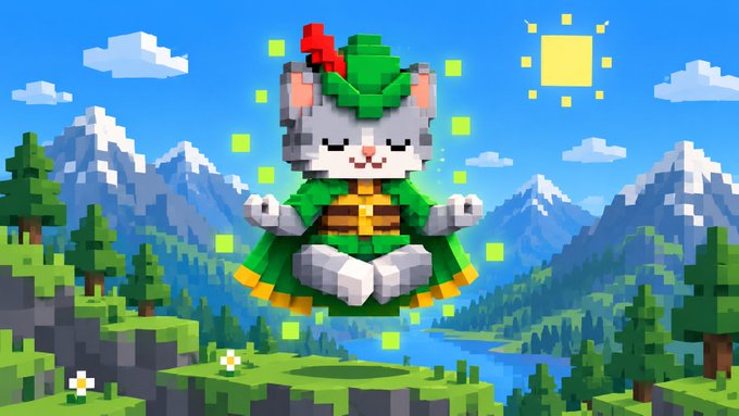 A pixelated white cat wearing a green leafy outfit and a red rose floats serenely above a vibrant Minecraft landscape with mountains, trees, and a lake, glowing with golden light that reinforces the "Robinhood Cat" theme of rising above market chaos.