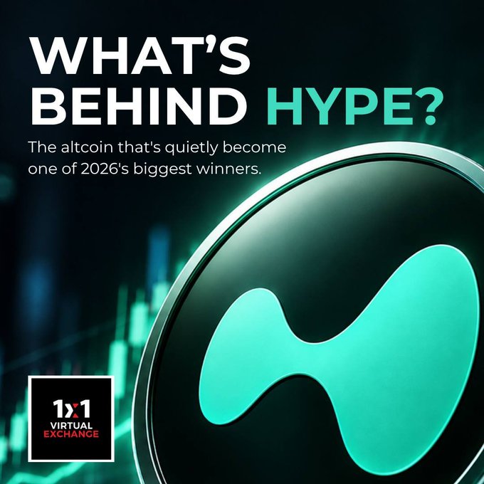 A promotional graphic with the text "WHAT'S BEHIND HYPE? The altcoin that's quietly become one of 2026's biggest winners" features a glowing green coin logo next to a "1x1 VIRTUAL EXCHANGE" badge.